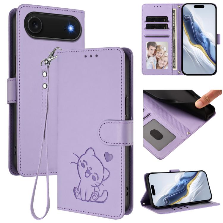 Capa para Telemóvel em Couro com Gato em Relevo e Coração com Alça de Mão, Para iPhone Air, Para iPhone 16 Pro Max, Para iPhone 16 Pro, Para iPhone 16 Plus
