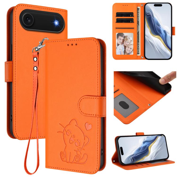 Capa para Telemóvel em Couro com Gato em Relevo e Coração com Alça de Mão, Para iPhone Air, Para iPhone 16 Pro Max, Para iPhone 16 Pro, Para iPhone 16 Plus