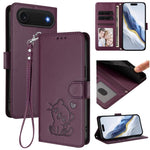 Capa para Telemóvel em Couro com Gato em Relevo e Coração com Alça de Mão, Para iPhone Air, Para iPhone 16 Pro Max, Para iPhone 16 Pro, Para iPhone 16 Plus