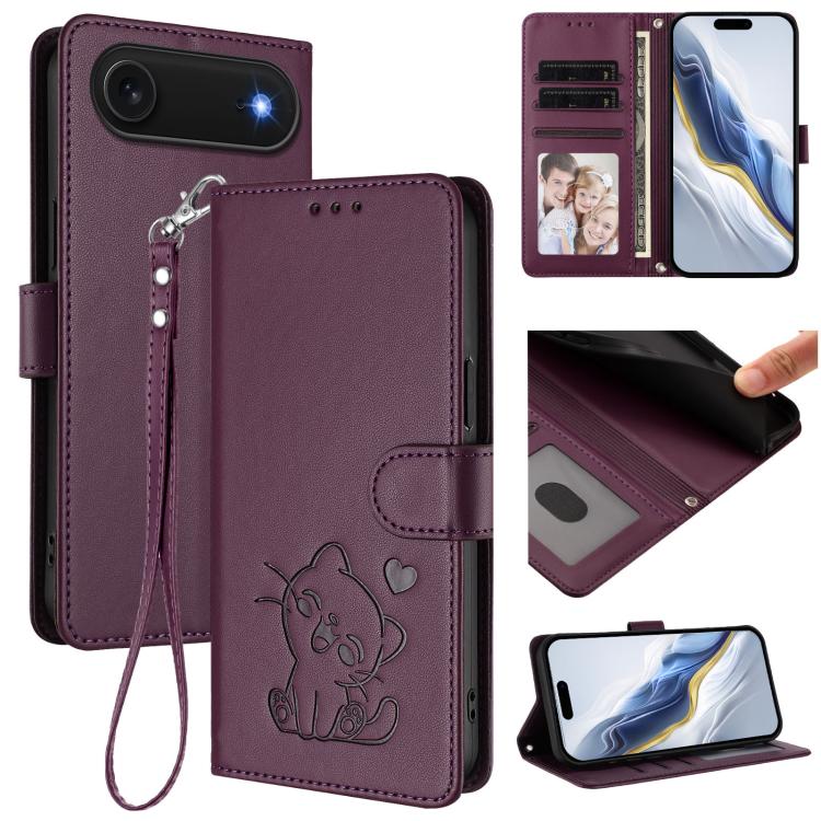 Capa para Telemóvel em Couro com Gato em Relevo e Coração com Alça de Mão, Para iPhone Air, Para iPhone 16 Pro Max, Para iPhone 16 Pro, Para iPhone 16 Plus