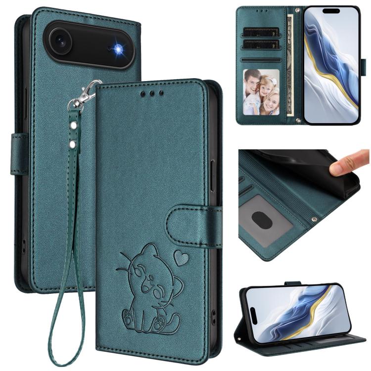 Capa para Telemóvel em Couro com Gato em Relevo e Coração com Alça de Mão, Para iPhone Air, Para iPhone 16 Pro Max, Para iPhone 16 Pro, Para iPhone 16 Plus