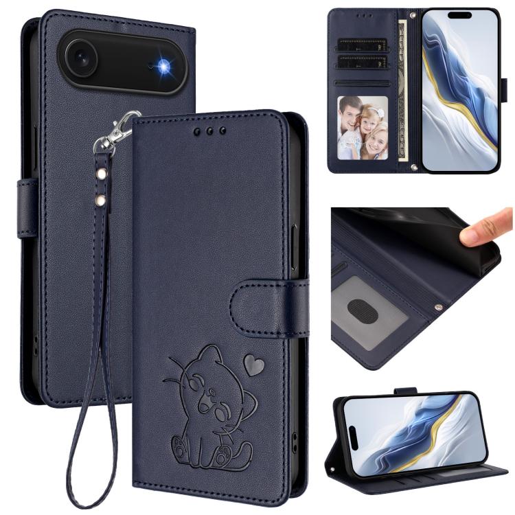 Capa para Telemóvel em Couro com Gato em Relevo e Coração com Alça de Mão, Para iPhone Air, Para iPhone 16 Pro Max, Para iPhone 16 Pro, Para iPhone 16 Plus