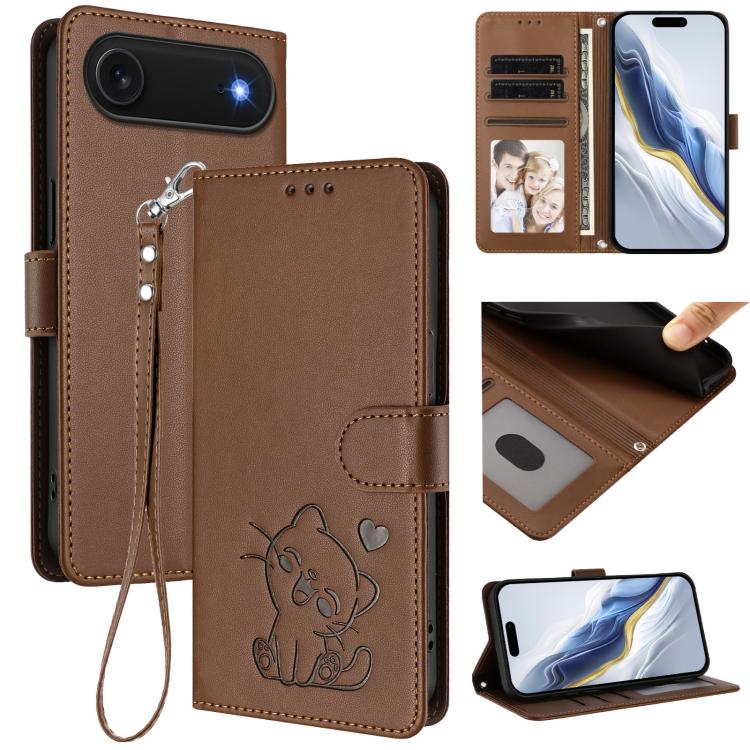 Capa para Telemóvel em Couro com Gato em Relevo e Coração com Alça de Mão, Para iPhone Air, Para iPhone 16 Pro Max, Para iPhone 16 Pro, Para iPhone 16 Plus