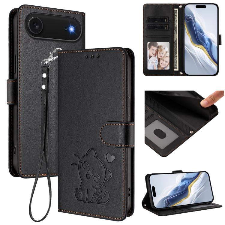 Capa para Telemóvel em Couro com Gato em Relevo e Coração com Alça de Mão, Para iPhone Air, Para iPhone 16 Pro Max, Para iPhone 16 Pro, Para iPhone 16 Plus