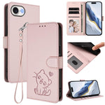 Capa para Telemóvel em Couro com Gato em Relevo e Coração com Alça de Mão, Para iPhone 17e / 16e, Para iPhone 17 Pro Max, Para iPhone 17 Pro, Para iPhone 17