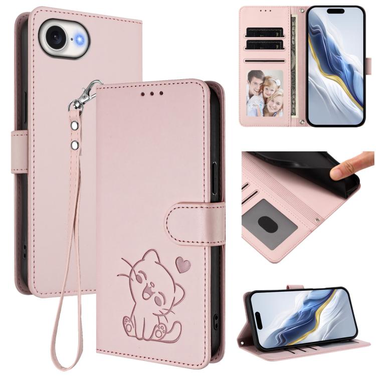 Capa para Telemóvel em Couro com Gato em Relevo e Coração com Alça de Mão, Para iPhone 17e / 16e, Para iPhone 17 Pro Max, Para iPhone 17 Pro, Para iPhone 17