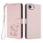 Capa para Telemóvel em Couro com Gato em Relevo e Coração com Alça de Mão, Para iPhone 17e / 16e, Para iPhone 17 Pro Max, Para iPhone 17 Pro, Para iPhone 17