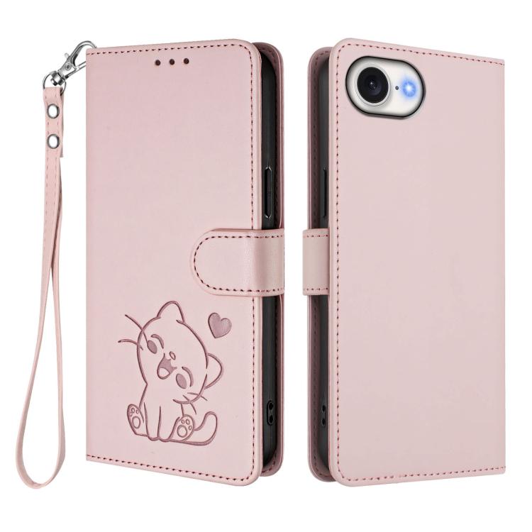 Capa para Telemóvel em Couro com Gato em Relevo e Coração com Alça de Mão, Para iPhone 17e / 16e, Para iPhone 17 Pro Max, Para iPhone 17 Pro, Para iPhone 17