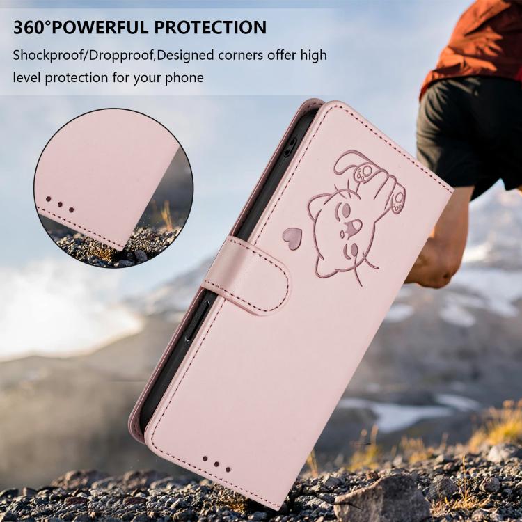 Capa para Telemóvel em Couro com Gato em Relevo e Coração com Alça de Mão, Para iPhone 17e / 16e, Para iPhone 17 Pro Max, Para iPhone 17 Pro, Para iPhone 17