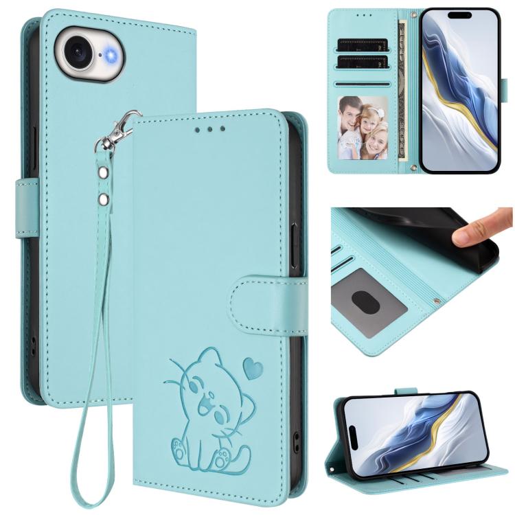 Capa para Telemóvel em Couro com Gato em Relevo e Coração com Alça de Mão, Para iPhone 17e / 16e, Para iPhone 17 Pro Max, Para iPhone 17 Pro, Para iPhone 17