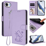 Capa para Telemóvel em Couro com Gato em Relevo e Coração com Alça de Mão, Para iPhone 17e / 16e, Para iPhone 17 Pro Max, Para iPhone 17 Pro, Para iPhone 17