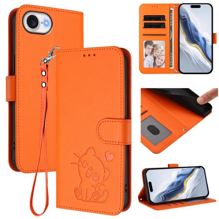 Capa para Telemóvel em Couro com Gato em Relevo e Coração com Alça de Mão, Para iPhone 17e / 16e, Para iPhone 17 Pro Max, Para iPhone 17 Pro, Para iPhone 17