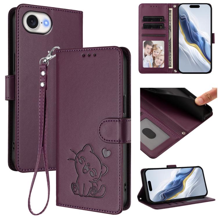Capa para Telemóvel em Couro com Gato em Relevo e Coração com Alça de Mão, Para iPhone 17e / 16e, Para iPhone 17 Pro Max, Para iPhone 17 Pro, Para iPhone 17