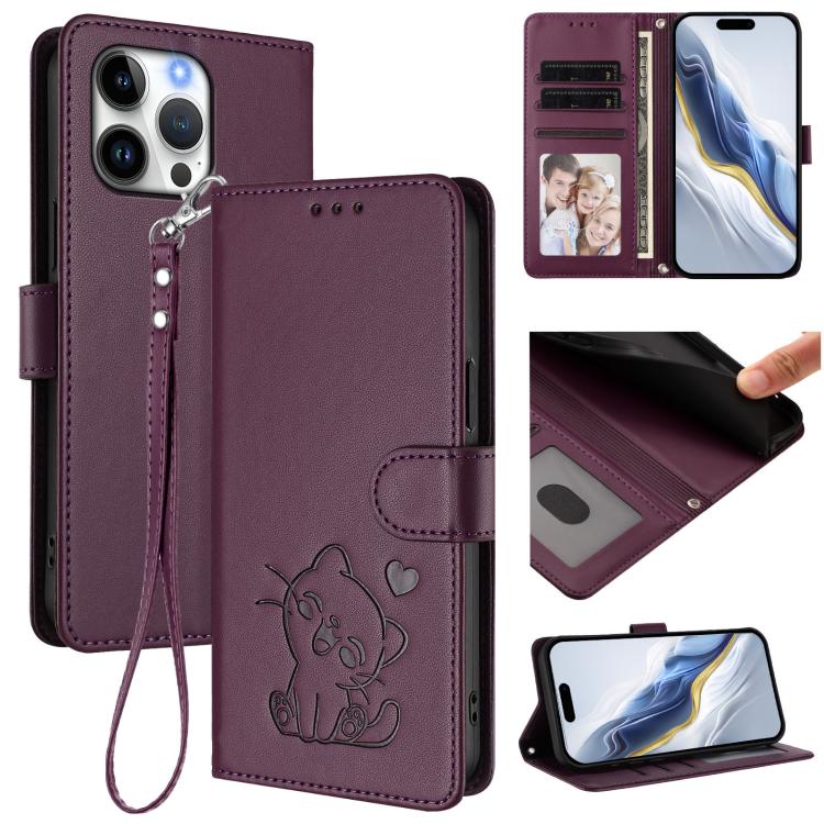 Capa para Telemóvel em Couro com Gato em Relevo e Coração com Alça de Mão, Para iPhone Air, Para iPhone 16 Pro Max, Para iPhone 16 Pro, Para iPhone 16 Plus