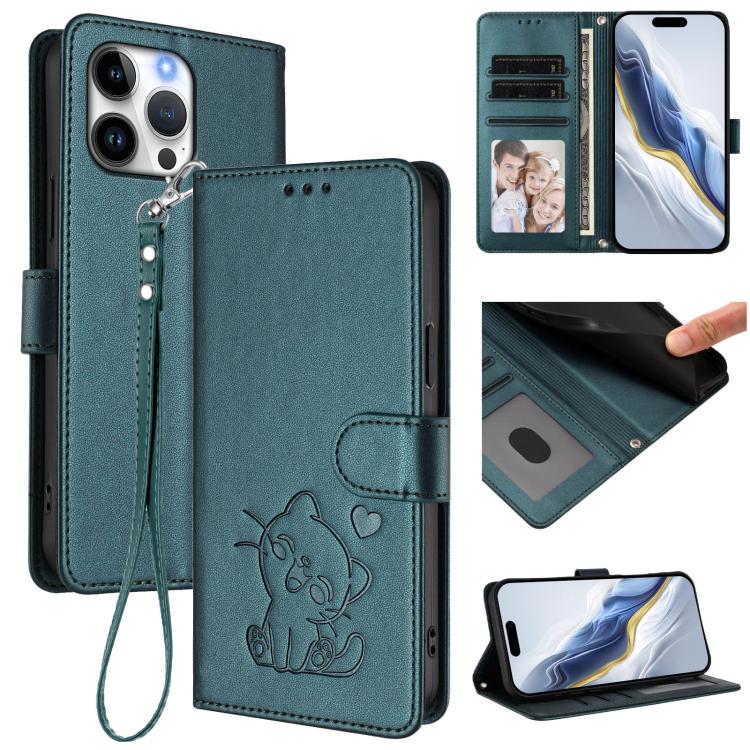 Capa para Telemóvel em Couro com Gato em Relevo e Coração com Alça de Mão, Para iPhone Air, Para iPhone 16 Pro Max, Para iPhone 16 Pro, Para iPhone 16 Plus