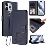 Capa para Telemóvel em Couro com Gato em Relevo e Coração com Alça de Mão, Para iPhone Air, Para iPhone 16 Pro Max, Para iPhone 16 Pro, Para iPhone 16 Plus