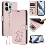 Capa para Telemóvel em Couro com Gato em Relevo e Coração com Alça de Mão, Para iPhone Air, Para iPhone 16 Pro Max, Para iPhone 16 Pro, Para iPhone 16 Plus