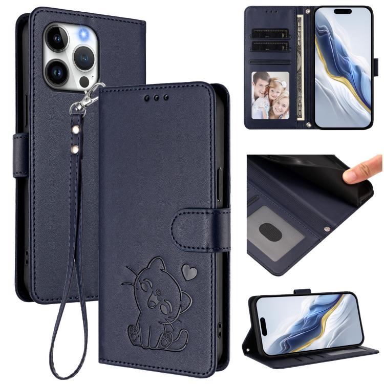 Capa para Telemóvel em Couro com Gato em Relevo e Coração com Alça de Mão, Para iPhone Air, Para iPhone 16 Pro Max, Para iPhone 16 Pro, Para iPhone 16 Plus