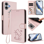 Capa para Telemóvel em Couro com Gato em Relevo e Coração com Alça de Mão, Para iPhone Air, Para iPhone 16 Pro Max, Para iPhone 16 Pro, Para iPhone 16 Plus