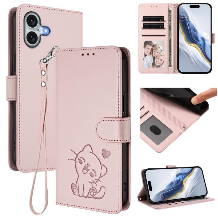 Capa para Telemóvel em Couro com Gato em Relevo e Coração com Alça de Mão, Para iPhone Air, Para iPhone 16 Pro Max, Para iPhone 16 Pro, Para iPhone 16 Plus