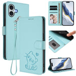 Capa para Telemóvel em Couro com Gato em Relevo e Coração com Alça de Mão, Para iPhone Air, Para iPhone 16 Pro Max, Para iPhone 16 Pro, Para iPhone 16 Plus