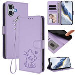 Capa para Telemóvel em Couro com Gato em Relevo e Coração com Alça de Mão, Para iPhone Air, Para iPhone 16 Pro Max, Para iPhone 16 Pro, Para iPhone 16 Plus