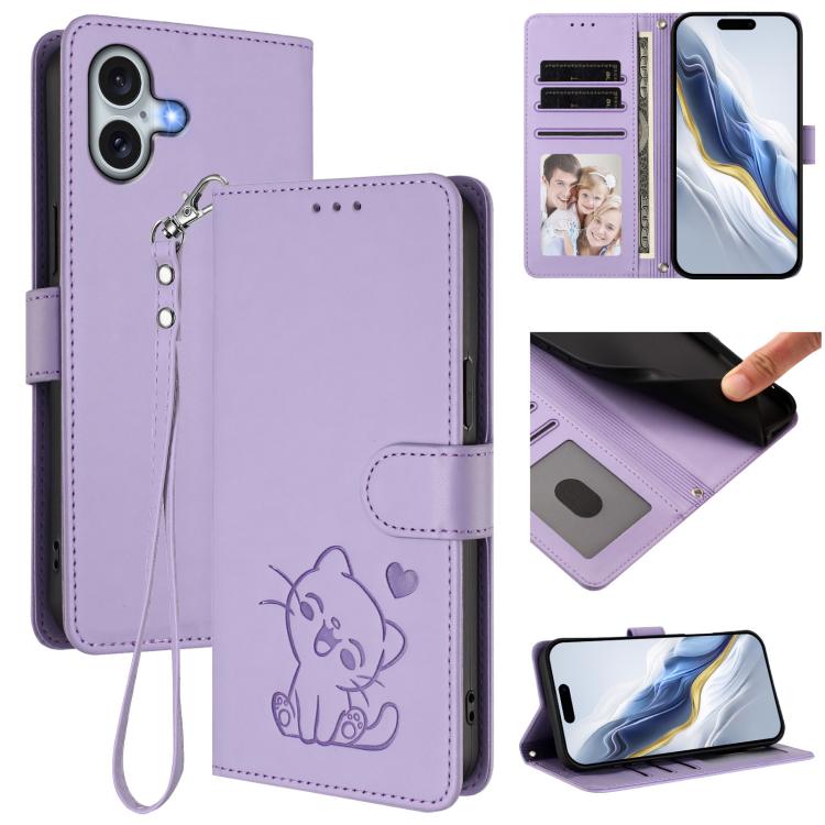 Capa para Telemóvel em Couro com Gato em Relevo e Coração com Alça de Mão, Para iPhone Air, Para iPhone 16 Pro Max, Para iPhone 16 Pro, Para iPhone 16 Plus
