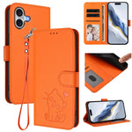 Capa para Telemóvel em Couro com Gato em Relevo e Coração com Alça de Mão, Para iPhone Air, Para iPhone 16 Pro Max, Para iPhone 16 Pro, Para iPhone 16 Plus