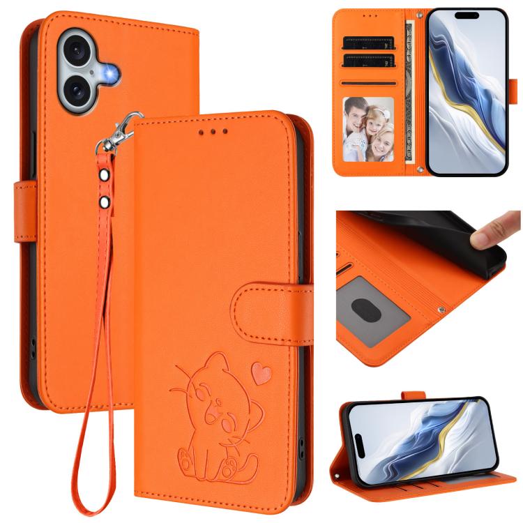 Capa para Telemóvel em Couro com Gato em Relevo e Coração com Alça de Mão, Para iPhone Air, Para iPhone 16 Pro Max, Para iPhone 16 Pro, Para iPhone 16 Plus
