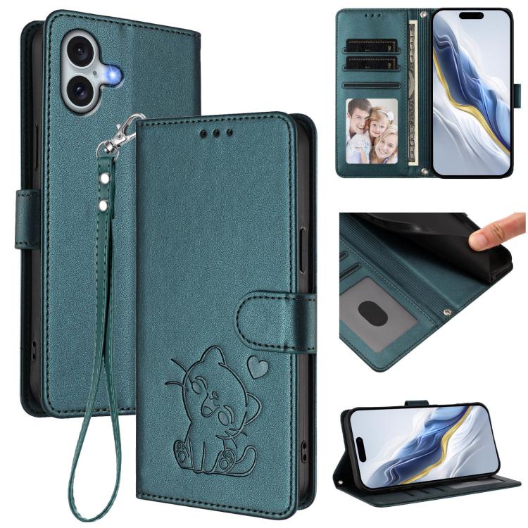 Capa para Telemóvel em Couro com Gato em Relevo e Coração com Alça de Mão, Para iPhone Air, Para iPhone 16 Pro Max, Para iPhone 16 Pro, Para iPhone 16 Plus