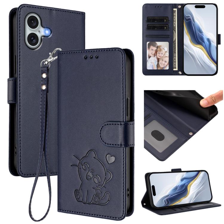 Capa para Telemóvel em Couro com Gato em Relevo e Coração com Alça de Mão, Para iPhone Air, Para iPhone 16 Pro Max, Para iPhone 16 Pro, Para iPhone 16 Plus