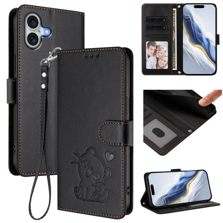 Capa para Telemóvel em Couro com Gato em Relevo e Coração com Alça de Mão, Para iPhone Air, Para iPhone 16 Pro Max, Para iPhone 16 Pro, Para iPhone 16 Plus