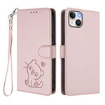 Capa de telemóvel em pele com relevo de coração e gato com alça de mão, Para iPhone 15, Para iPhone 14 Plus, Para iPhone 14 / 13, Para iPhone 14 Pro