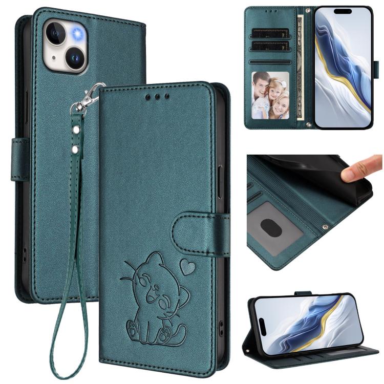 Capa de telemóvel em pele com relevo de coração e gato com alça de mão, Para iPhone 15, Para iPhone 14 Plus, Para iPhone 14 / 13, Para iPhone 14 Pro