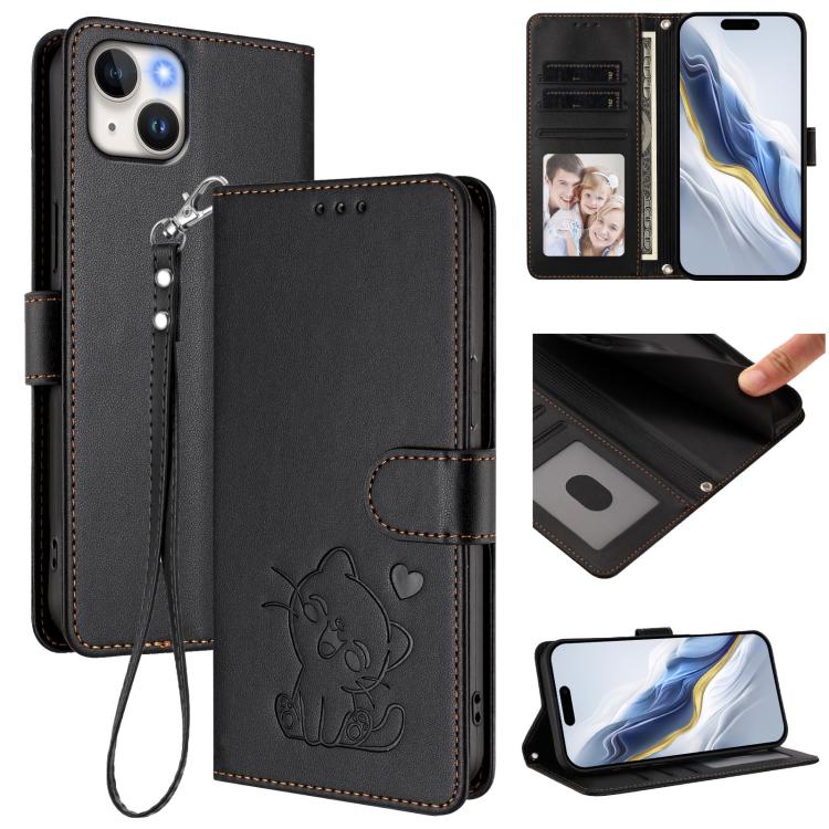 Capa de telemóvel em pele com relevo de coração e gato com alça de mão, Para iPhone 15, Para iPhone 14 Plus, Para iPhone 14 / 13, Para iPhone 14 Pro