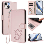 Capa de telemóvel em pele com relevo de coração e gato com alça de mão, Para iPhone 15, Para iPhone 14 Plus, Para iPhone 14 / 13, Para iPhone 14 Pro