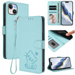 Capa de telemóvel em pele com relevo de coração e gato com alça de mão, Para iPhone 15, Para iPhone 14 Plus, Para iPhone 14 / 13, Para iPhone 14 Pro
