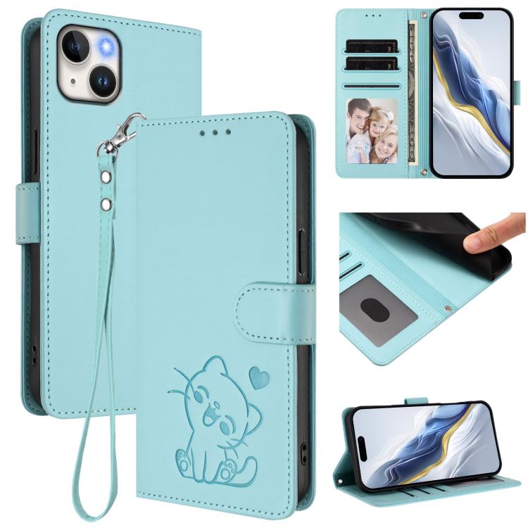 Capa de telemóvel em pele com relevo de coração e gato com alça de mão, Para iPhone 15, Para iPhone 14 Plus, Para iPhone 14 / 13, Para iPhone 14 Pro