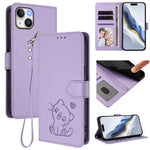 Capa de telemóvel em pele com relevo de coração e gato com alça de mão, Para iPhone 15, Para iPhone 14 Plus, Para iPhone 14 / 13, Para iPhone 14 Pro