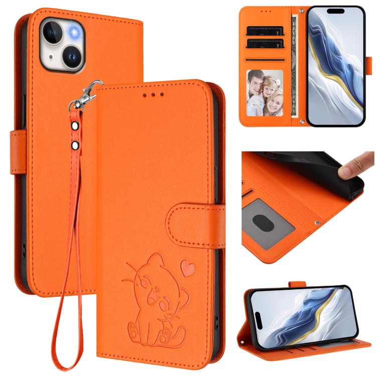 Capa de telemóvel em pele com relevo de coração e gato com alça de mão, Para iPhone 15, Para iPhone 14 Plus, Para iPhone 14 / 13, Para iPhone 14 Pro