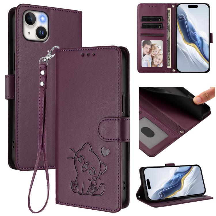 Capa de telemóvel em pele com relevo de coração e gato com alça de mão, Para iPhone 15, Para iPhone 14 Plus, Para iPhone 14 / 13, Para iPhone 14 Pro