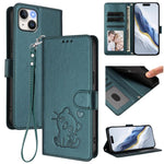 Capa de telemóvel em pele com relevo de coração e gato com alça de mão, Para iPhone 15, Para iPhone 14 Plus, Para iPhone 14 / 13, Para iPhone 14 Pro