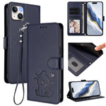 Capa de telemóvel em pele com relevo de coração e gato com alça de mão, Para iPhone 15, Para iPhone 14 Plus, Para iPhone 14 / 13, Para iPhone 14 Pro
