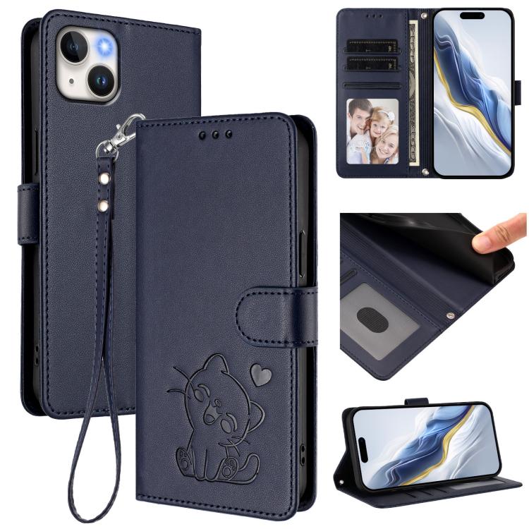 Capa de telemóvel em pele com relevo de coração e gato com alça de mão, Para iPhone 15, Para iPhone 14 Plus, Para iPhone 14 / 13, Para iPhone 14 Pro