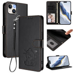 Capa de telemóvel em pele com relevo de coração e gato com alça de mão, Para iPhone 15, Para iPhone 14 Plus, Para iPhone 14 / 13, Para iPhone 14 Pro