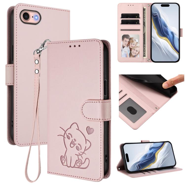 Capa de telemóvel em pele com relevo de coração e gato com alça de mão, Para iPhone 14 Pro Max, Para iPhone 7 / 8 / SE 2022, Para iPhone 13 Pro Max, Para iPhone 13 Pro