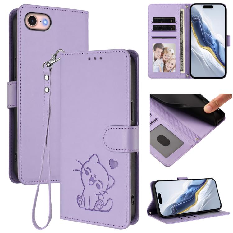 Capa de telemóvel em pele com relevo de coração e gato com alça de mão, Para iPhone 14 Pro Max, Para iPhone 7 / 8 / SE 2022, Para iPhone 13 Pro Max, Para iPhone 13 Pro