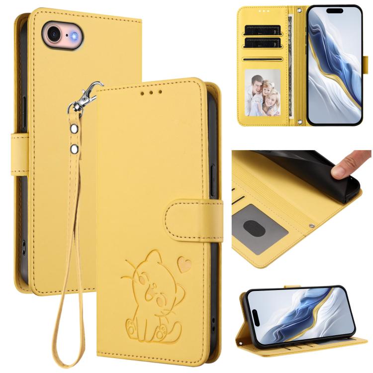 Capa de telemóvel em pele com relevo de coração e gato com alça de mão, Para iPhone 14 Pro Max, Para iPhone 7 / 8 / SE 2022, Para iPhone 13 Pro Max, Para iPhone 13 Pro