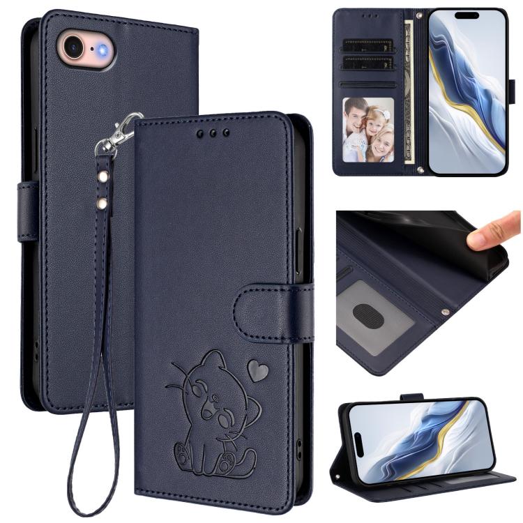 Capa de telemóvel em pele com relevo de coração e gato com alça de mão, Para iPhone 14 Pro Max, Para iPhone 7 / 8 / SE 2022, Para iPhone 13 Pro Max, Para iPhone 13 Pro