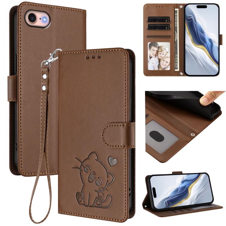 Capa de telemóvel em pele com relevo de coração e gato com alça de mão, Para iPhone 14 Pro Max, Para iPhone 7 / 8 / SE 2022, Para iPhone 13 Pro Max, Para iPhone 13 Pro
